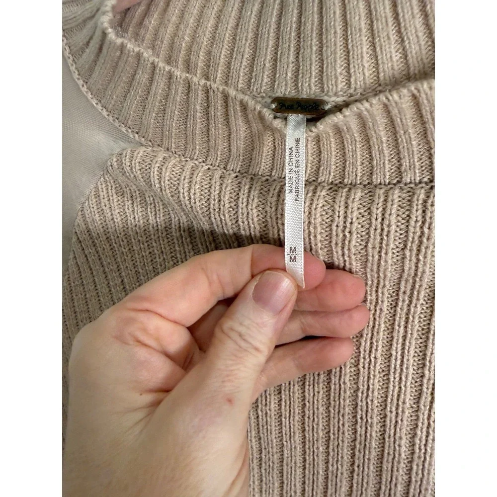Free People Zou Bisou Sweater Dress Beige Ruffle Sleeve‎ M NWT  Boho Chic